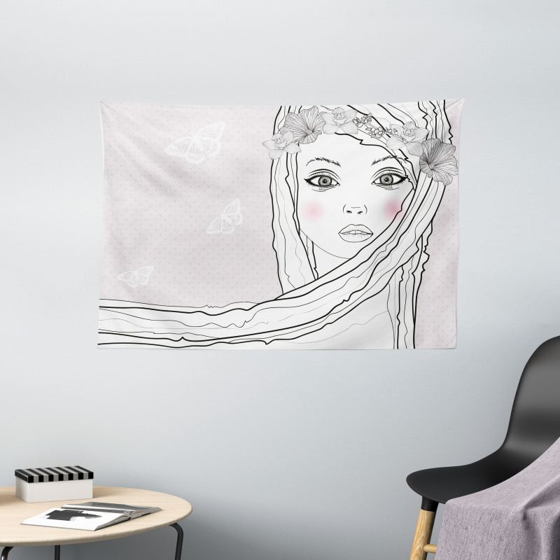 Girl with Floral Hair Wide Tapestry