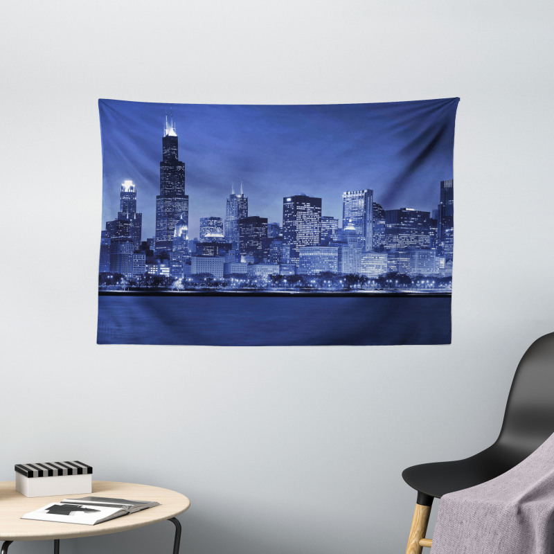 Chicago Skyline Night Wide Tapestry