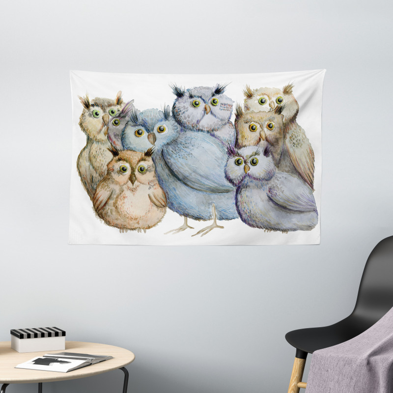 Owl Family Portrait Art Wide Tapestry