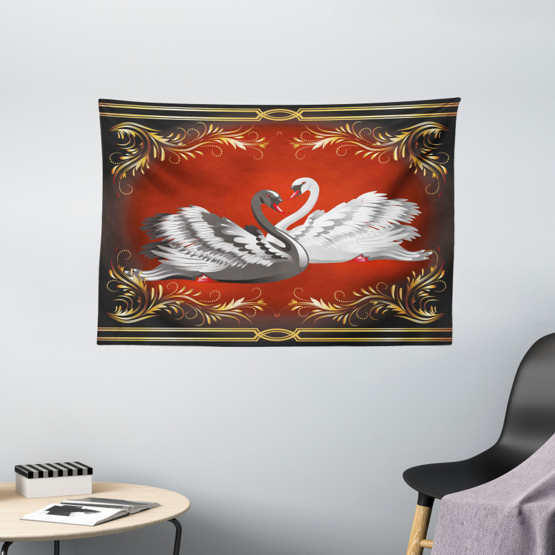 Romantic Swan Couple Wide Tapestry