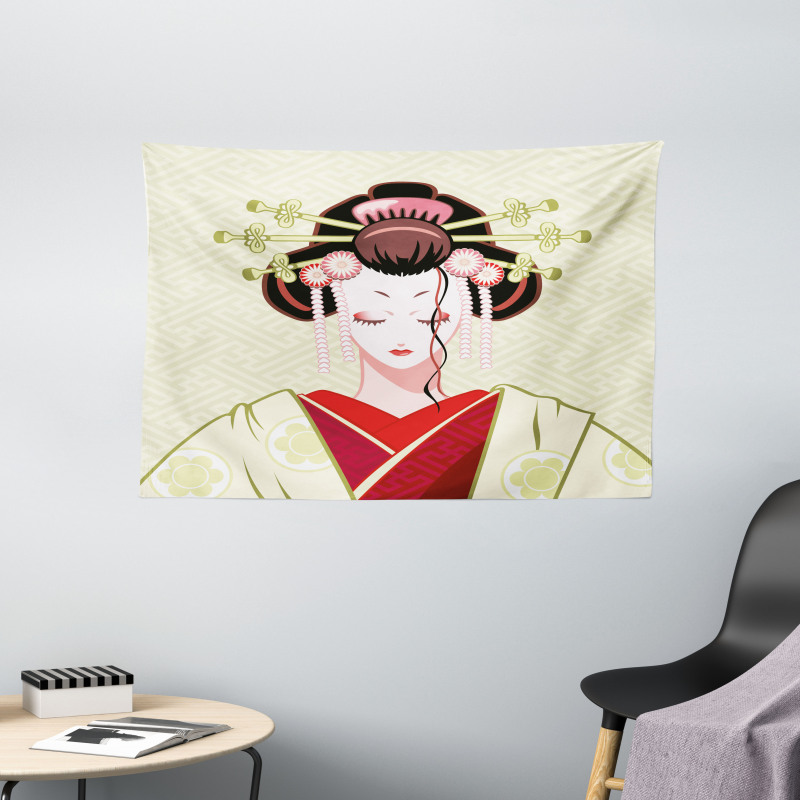 Geisha Woman Portrait Wide Tapestry