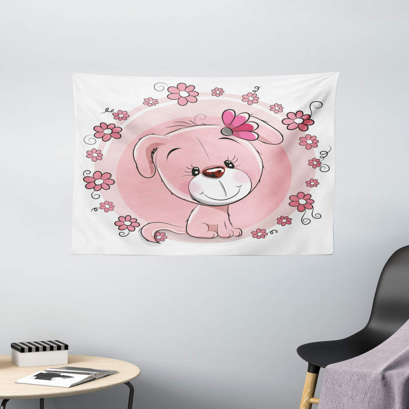 Puppy Daisy Flowers Wide Tapestry