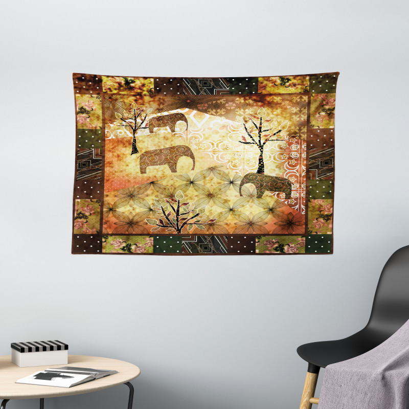Grunge Elephants Roses Wide Tapestry