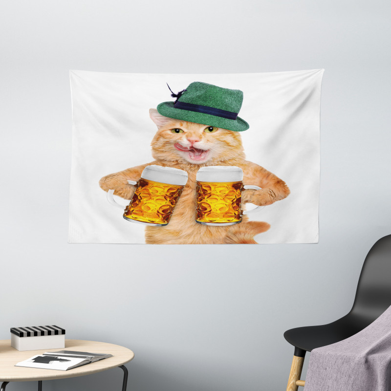 Cool Cat Hat Beer Mug Funny Wide Tapestry