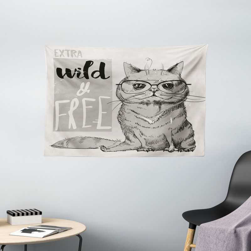Hipster Cat Humorous Wide Tapestry