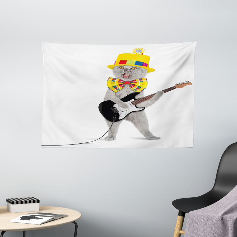 Hipster Musician Kitty Fun Wide Tapestry