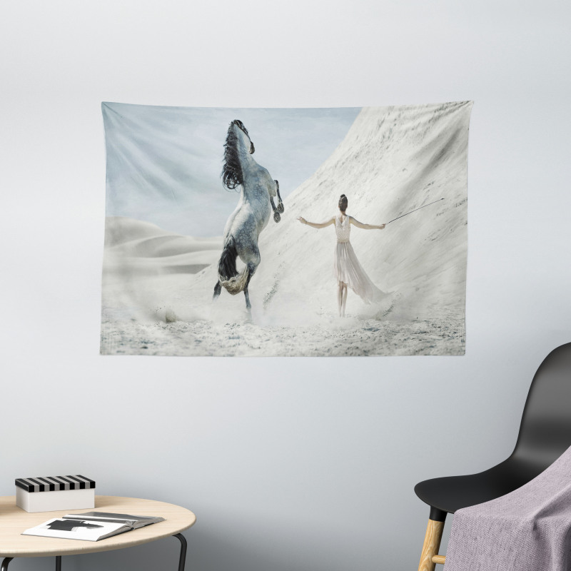Lady with White Horse Wide Tapestry