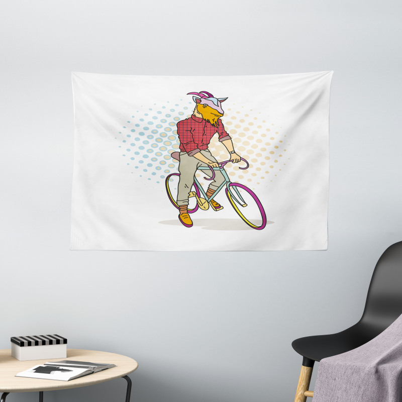 Hipster Goat on Bicycle Wide Tapestry