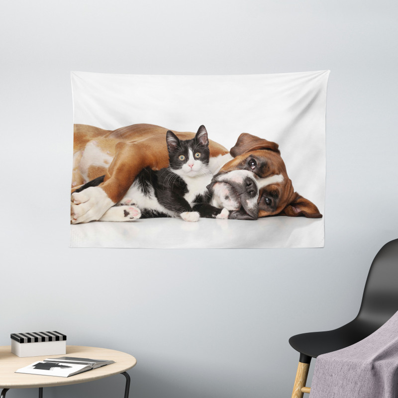 Cat Dog Friendship Wide Tapestry