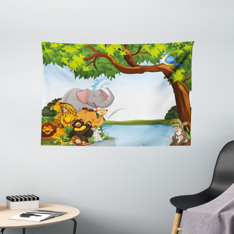 Cartoon Animals Funny Wide Tapestry