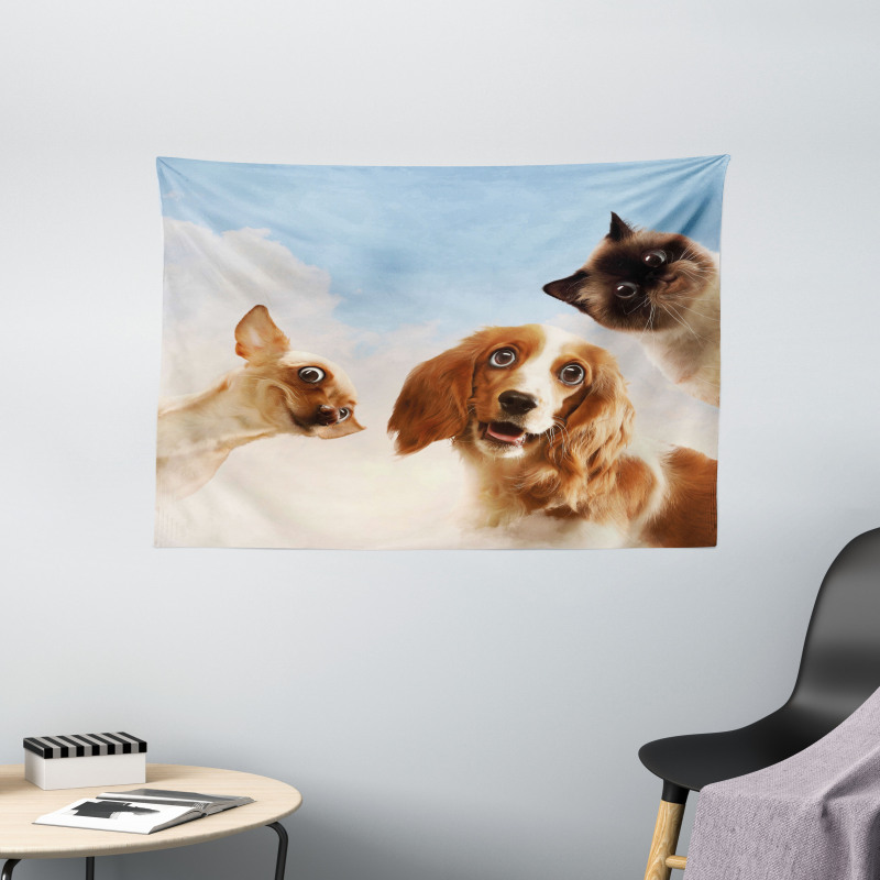 Cats Dogs in Sky Clouds Wide Tapestry