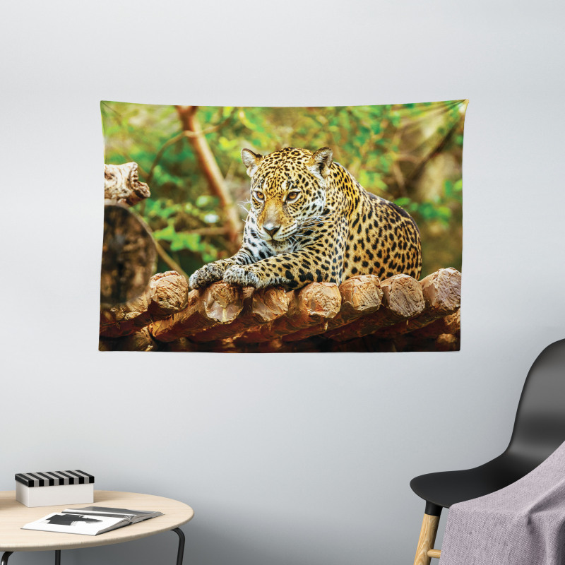 Jaguar on Wood Wild Feline Wide Tapestry