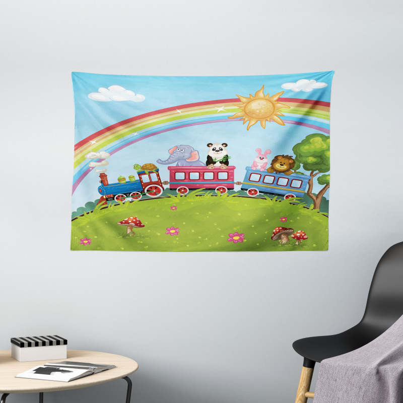 Animal Train Rainbow Funny Wide Tapestry