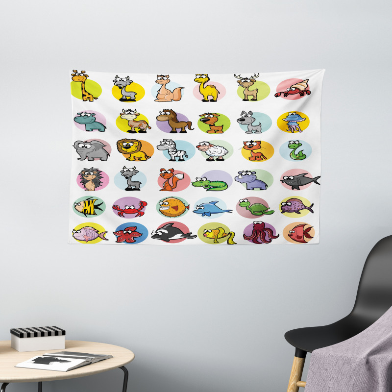 Funny Cartoon Animals Set Wide Tapestry