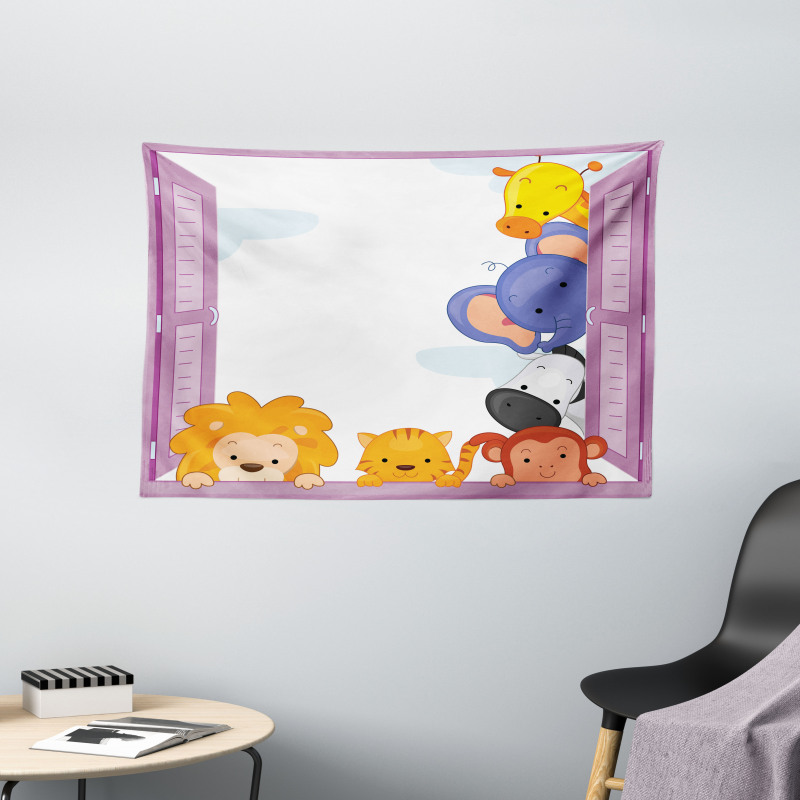 Animals Peeping Window Wide Tapestry