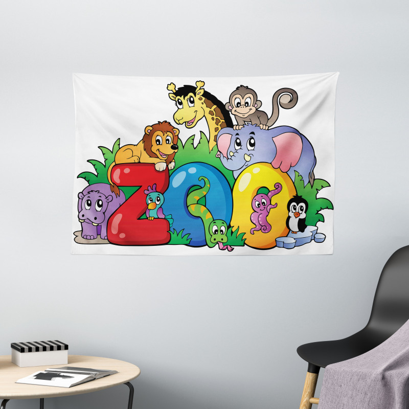 Zoo Sign Various Mascots Wide Tapestry