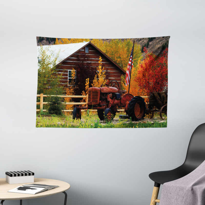 Rustic Cabin with Tractor Wide Tapestry