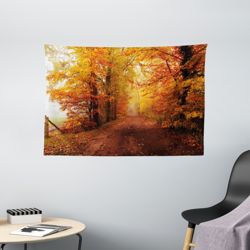 Footpath in Foggy Woods Wide Tapestry