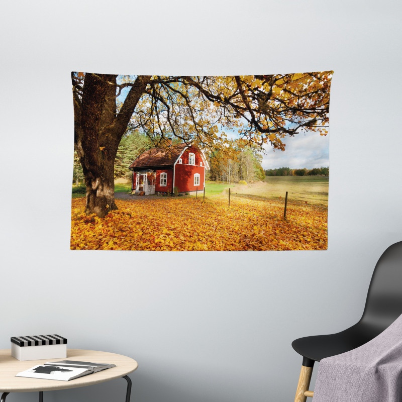Red Swedish Country House Wide Tapestry