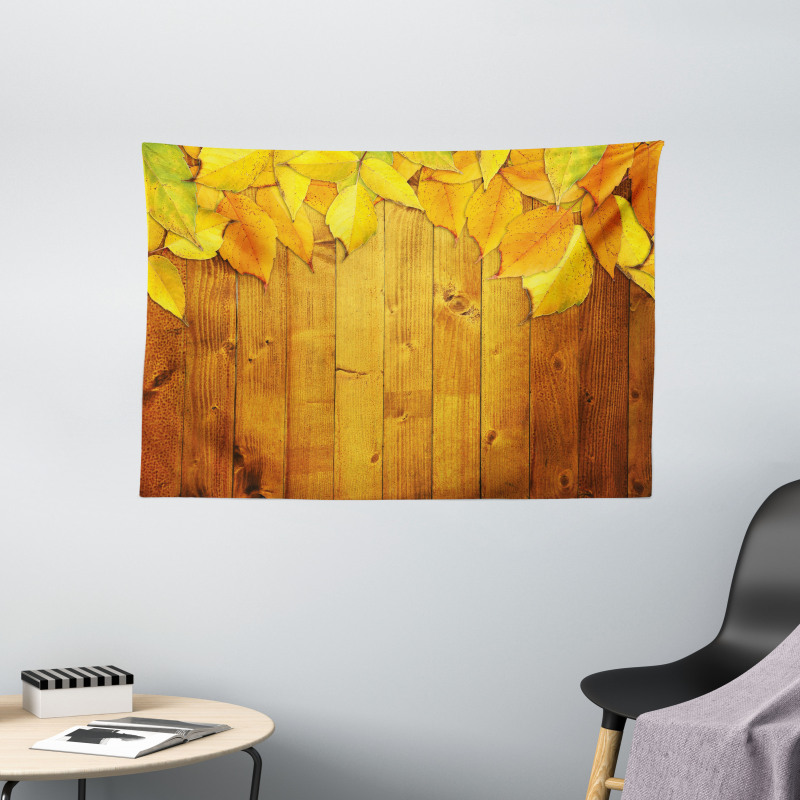 Leaves on Wooden Planks Wide Tapestry