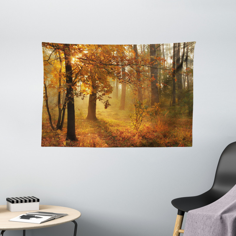 Misty Autumnal Forest Wide Tapestry