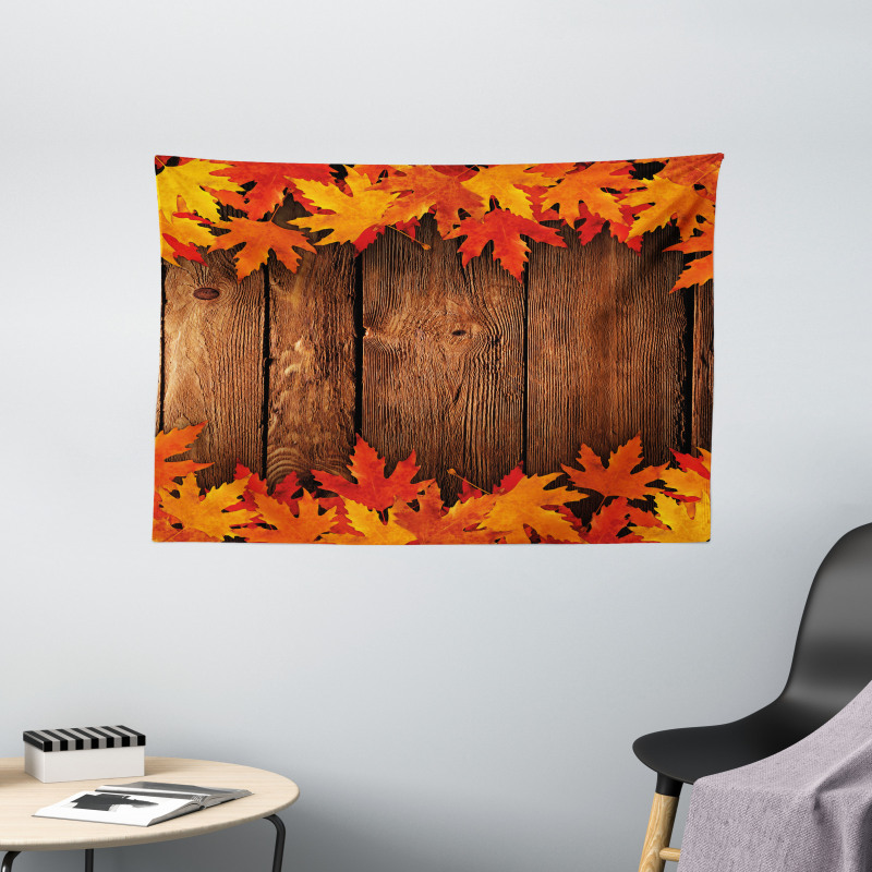 Leaves on the Wooden Board Wide Tapestry