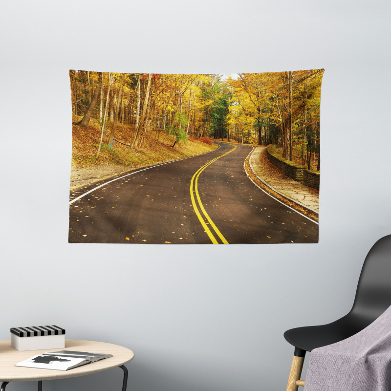 Autumn Scenery Roadway Wide Tapestry