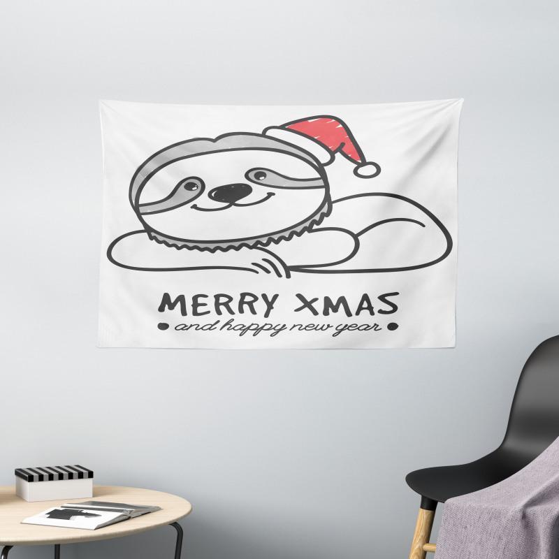 Sloth Christmas Hat Wide Tapestry