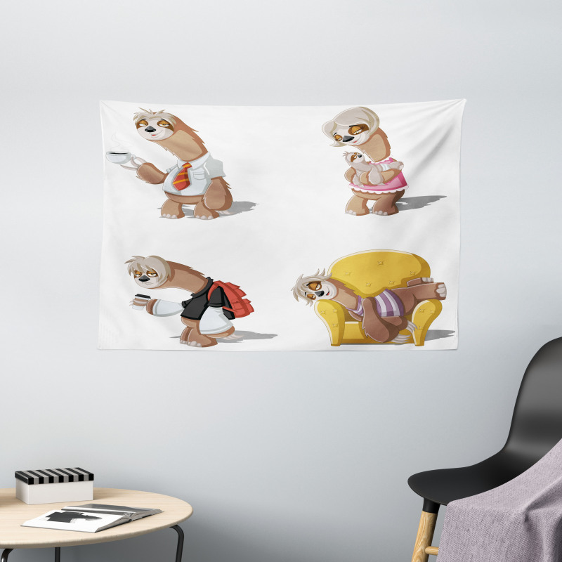 Lazy Sloth Family Cartoon Wide Tapestry