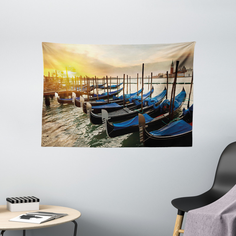 Gondolas Line on Water Wide Tapestry