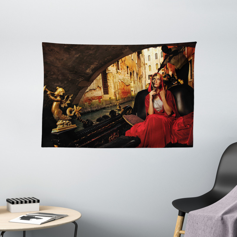 Woman in Red Cloak Mask Wide Tapestry