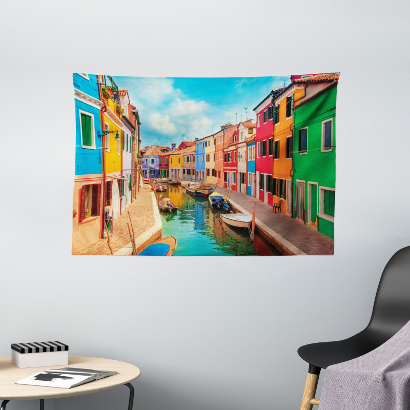 Colorful Buildings Boats Wide Tapestry