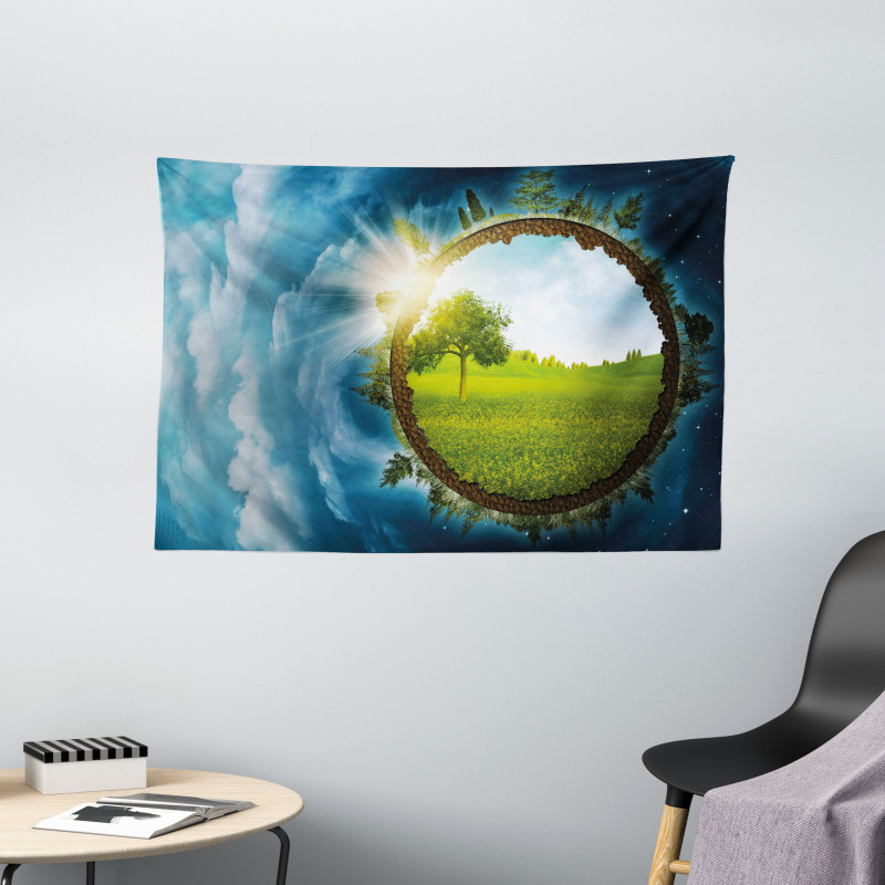 Circle Greenery Clouds Wide Tapestry