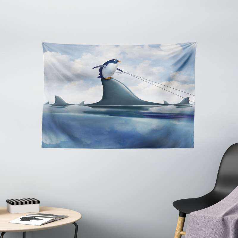Penguin Holding Wild Fish Wide Tapestry