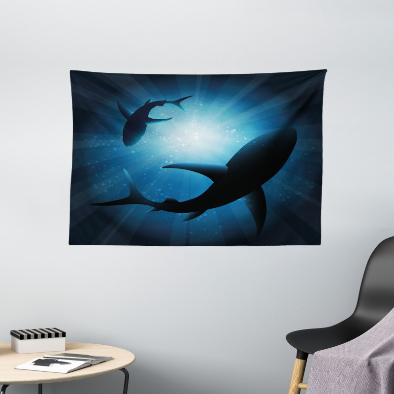 Fish Silhouettes Swimming Wide Tapestry