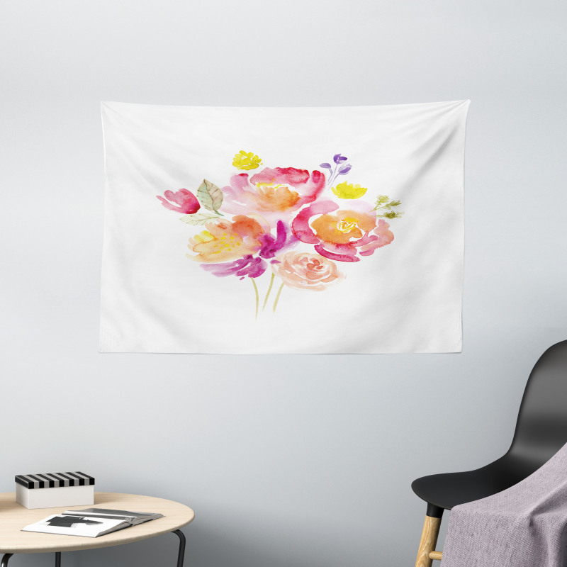 Watercolor Rose Bouquet Wide Tapestry