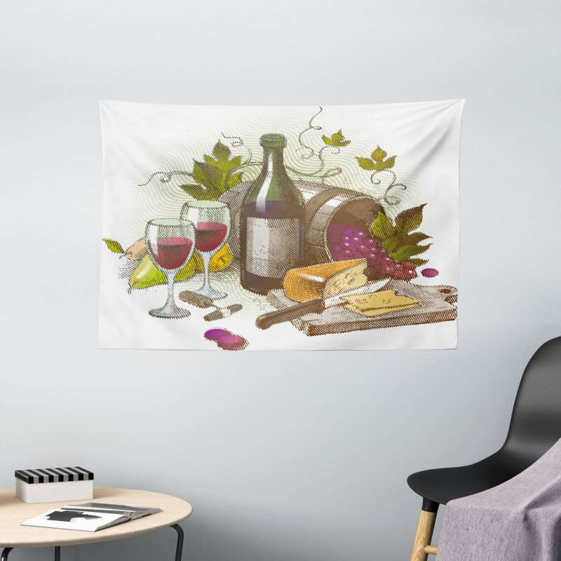 Vintage Wine and Cheese Wide Tapestry