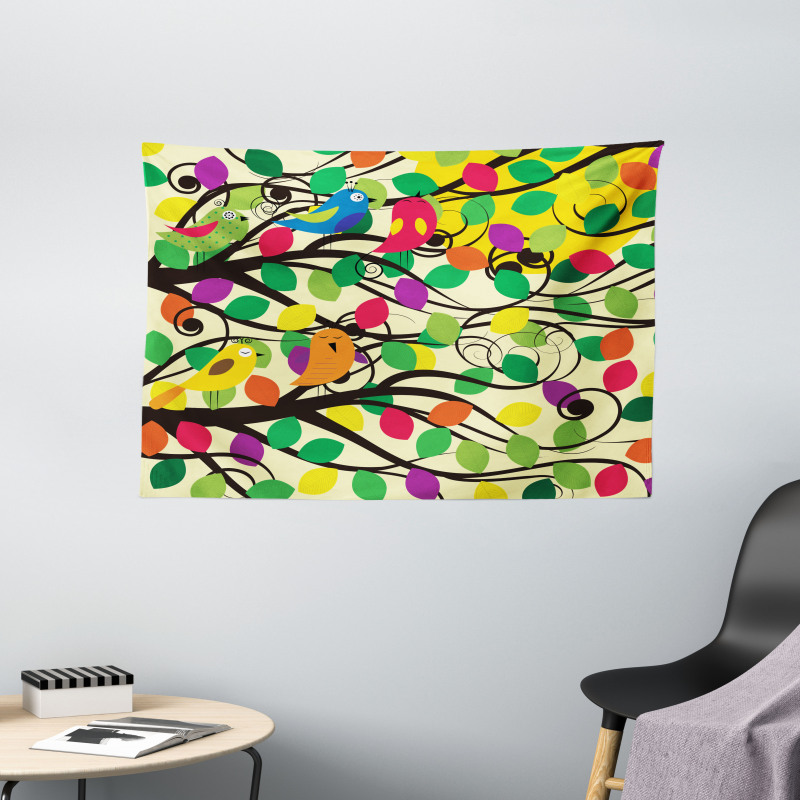 Happy Birds Colorful Tree Wide Tapestry