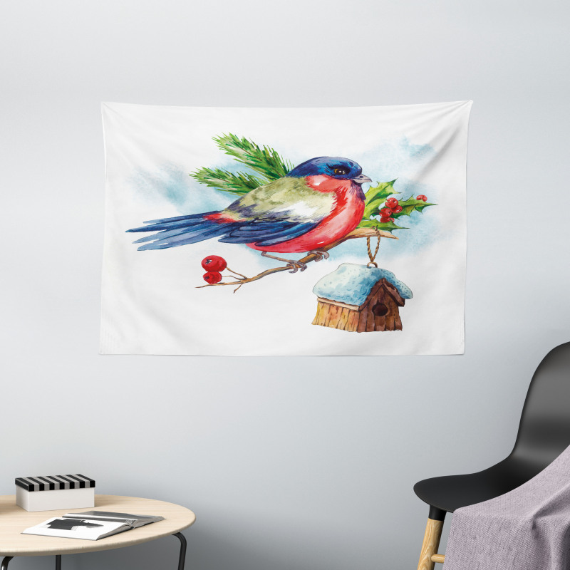 Christmas Bird Holly Pine Wide Tapestry