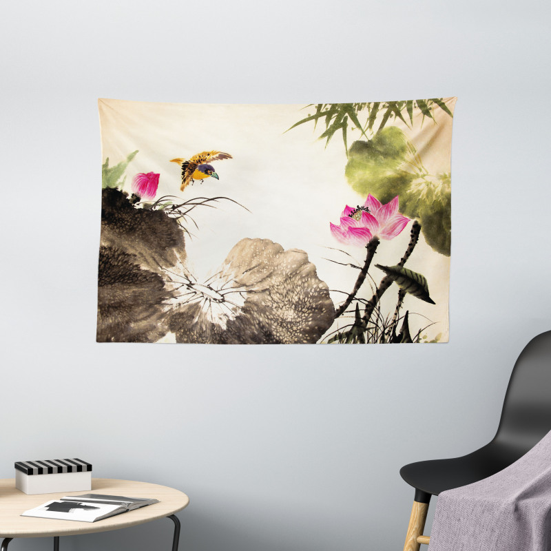 Bird Jumping into Lotus Wide Tapestry