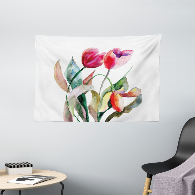 Watercolor Tulip Flowers Wide Tapestry