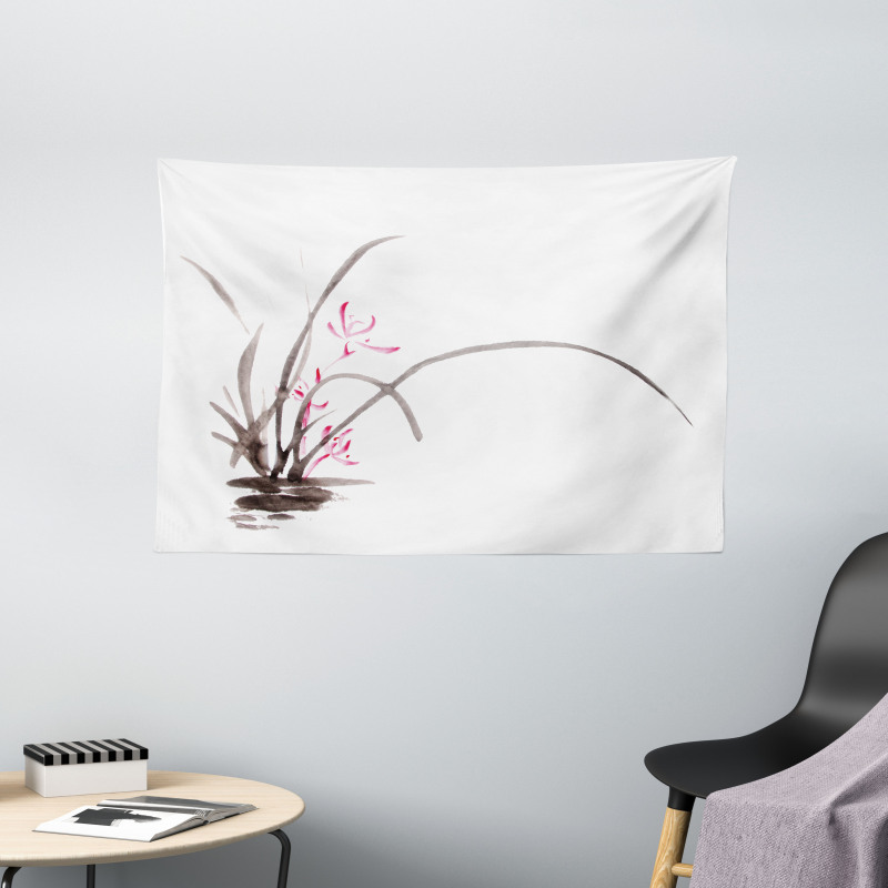 Traditional Ink Orchid Wide Tapestry