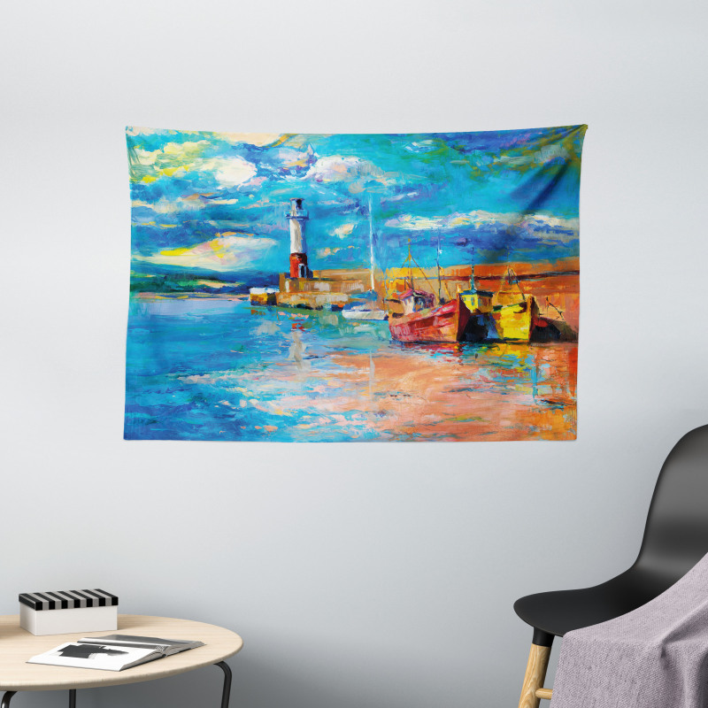 Oil Painting Lighthouse Wide Tapestry