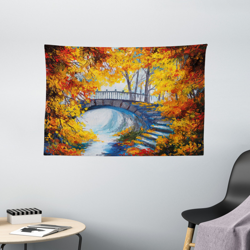 Autumn Forest with Bridge Wide Tapestry