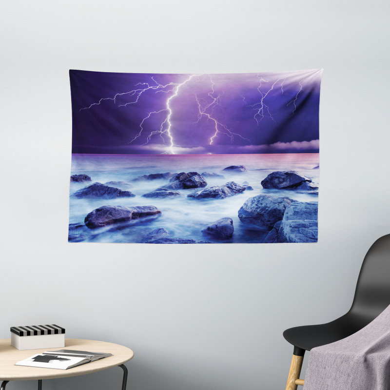 Stormy Sky Ocean Rocks Night Wide Tapestry