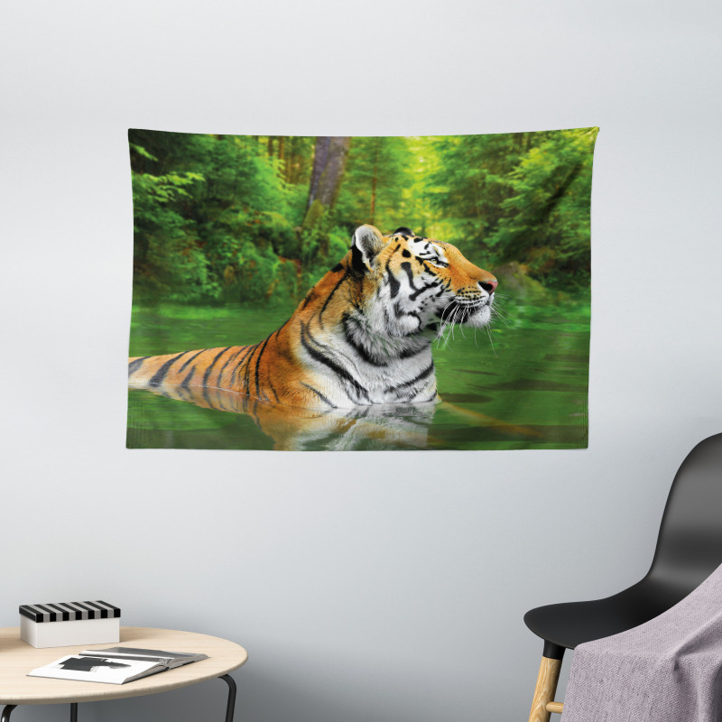 Siberian Wild Cat in Lake Wide Tapestry