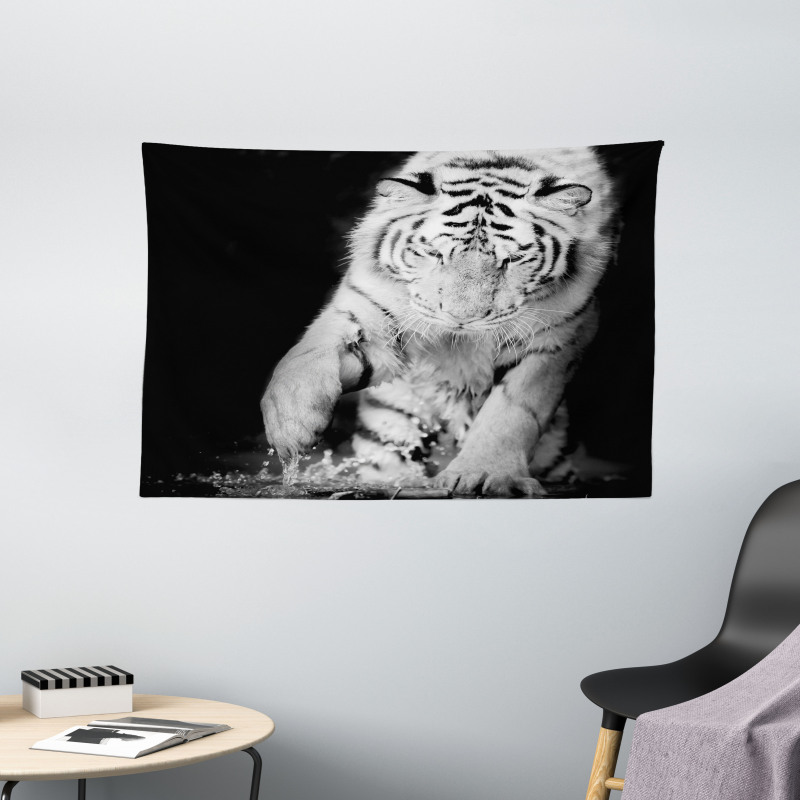 Large Cat Plays in Water Wide Tapestry