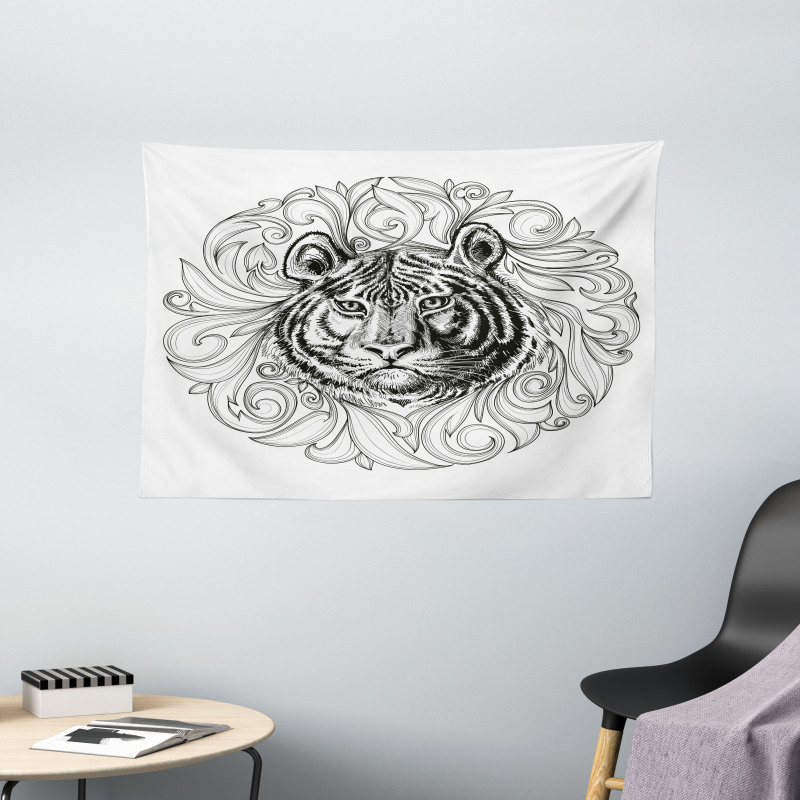 Monochrome Feline Leaves Wide Tapestry
