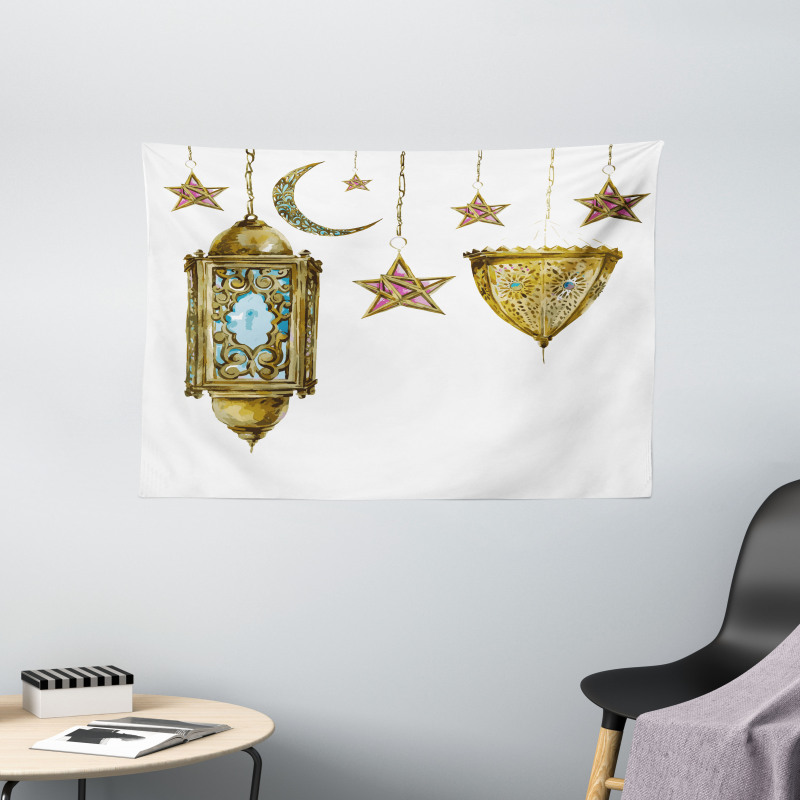 Watercolor Moon Stars Wide Tapestry