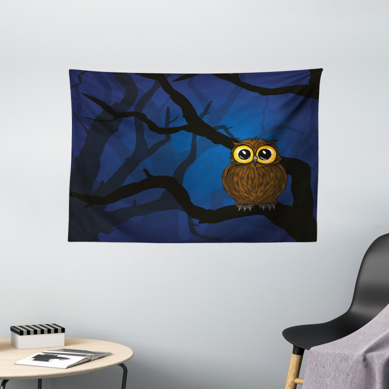 Owl on Tree Branch Wide Tapestry